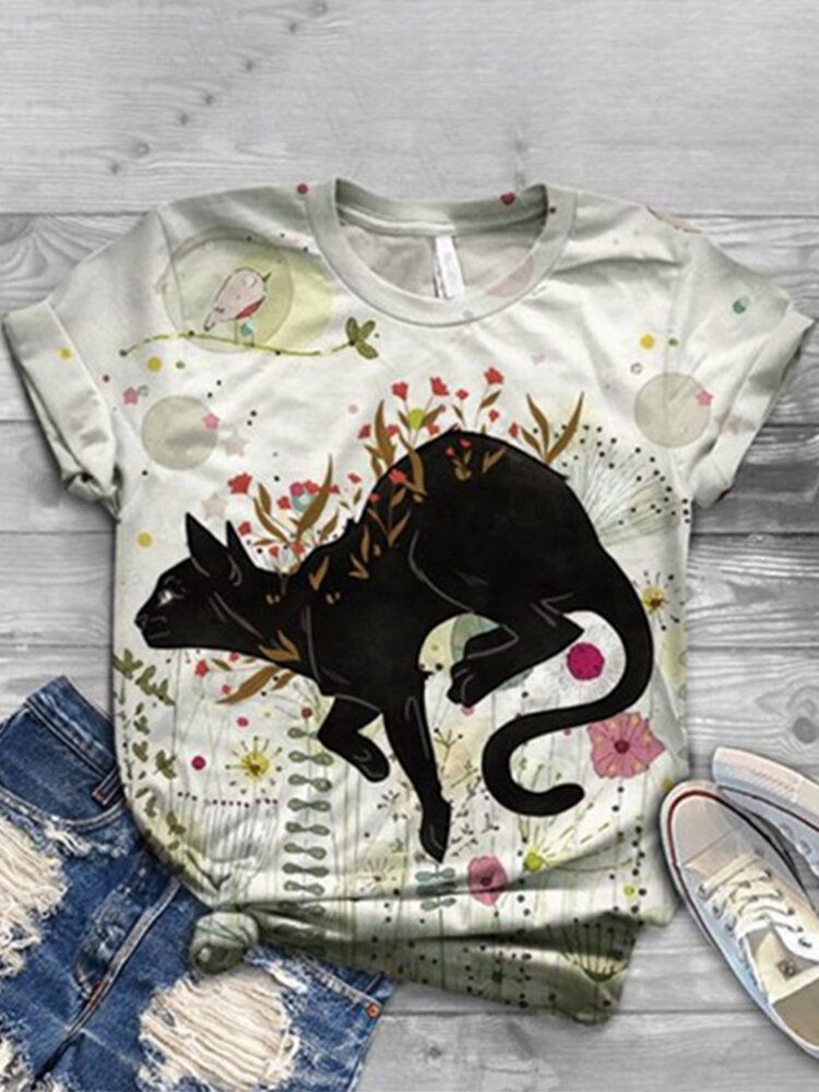 Camisetas De Manga Corta Casual Con Cuello Redondo Y Estampado De Gato Lindo Para Mujer