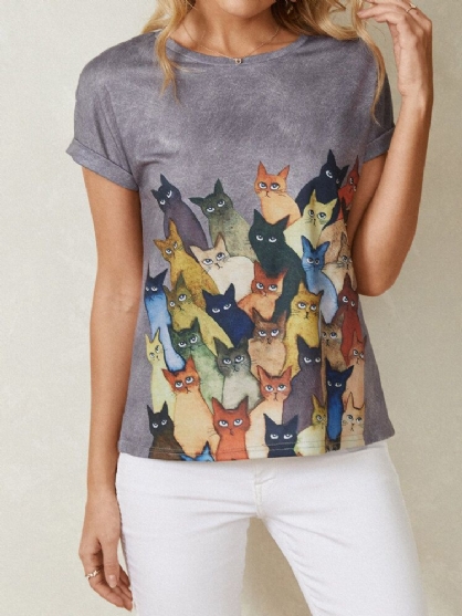 Camisetas De Manga Corta Casual Con Cuello Redondo Y Estampado De Gato Lindo Para Mujer