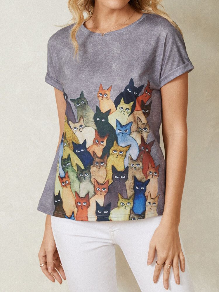 Camisetas De Manga Corta Casual Con Cuello Redondo Y Estampado De Gato Lindo Para Mujer