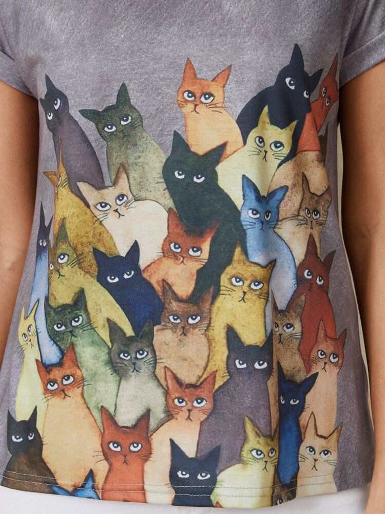 Camisetas De Manga Corta Casual Con Cuello Redondo Y Estampado De Gato Lindo Para Mujer