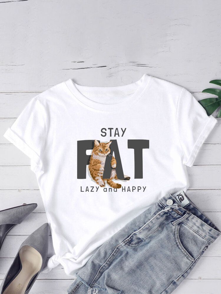 Camisetas De Manga Corta Casual Con Cuello Redondo Y Estampado De Letras De Gato Para Mujer