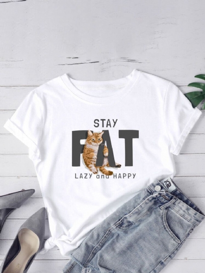 Camisetas De Manga Corta Casual Con Cuello Redondo Y Estampado De Letras De Gato Para Mujer