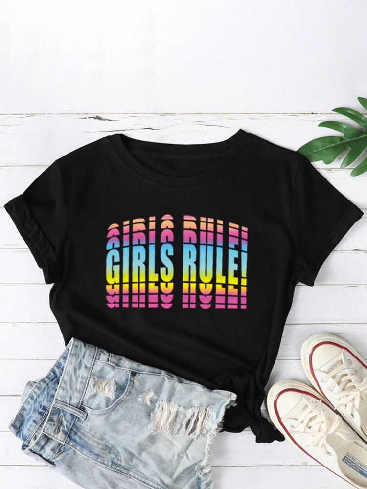 Camisetas De Manga Corta Casual Con Cuello Redondo Y Estampado De Letras Ombre Para Mujer