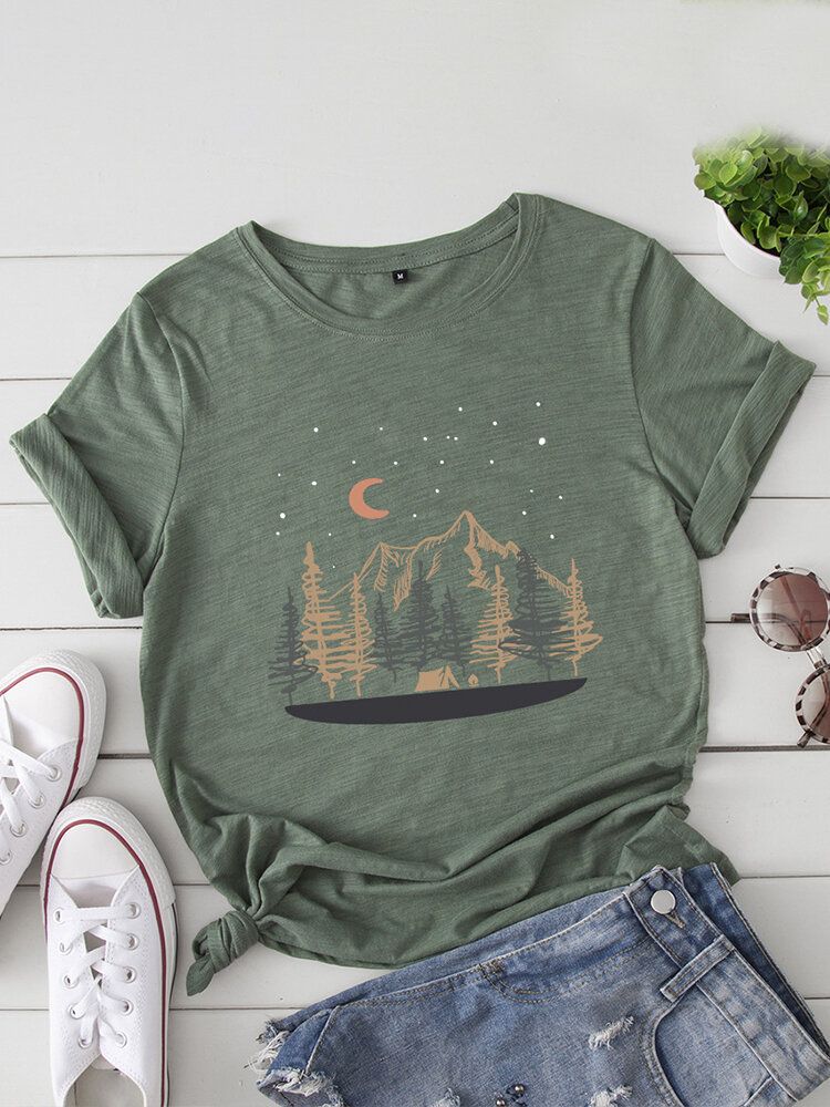 Camisetas De Manga Corta Casual Con Cuello Redondo Y Estampado De Paisaje Para Mujer