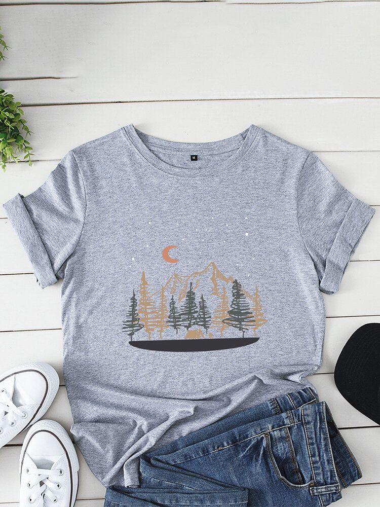 Camisetas De Manga Corta Casual Con Cuello Redondo Y Estampado De Paisaje Para Mujer