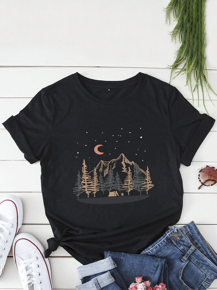 Camisetas De Manga Corta Casual Con Cuello Redondo Y Estampado De Paisaje Para Mujer