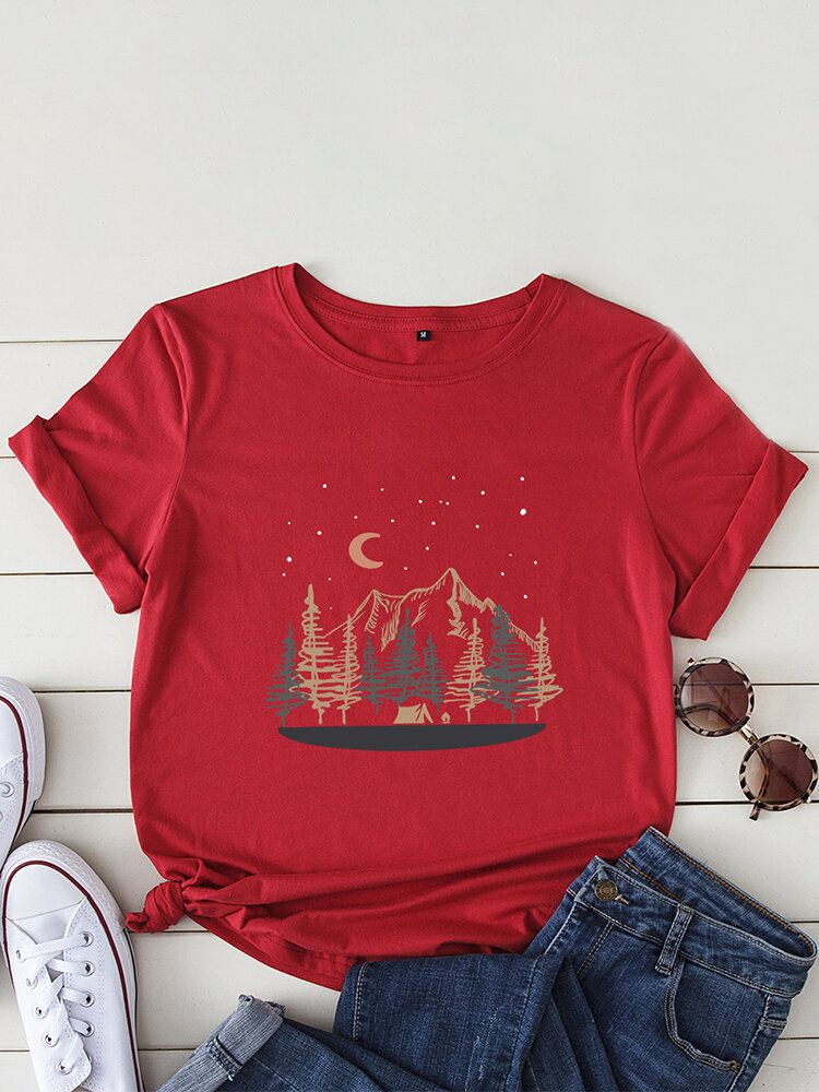 Camisetas De Manga Corta Casual Con Cuello Redondo Y Estampado De Paisaje Para Mujer