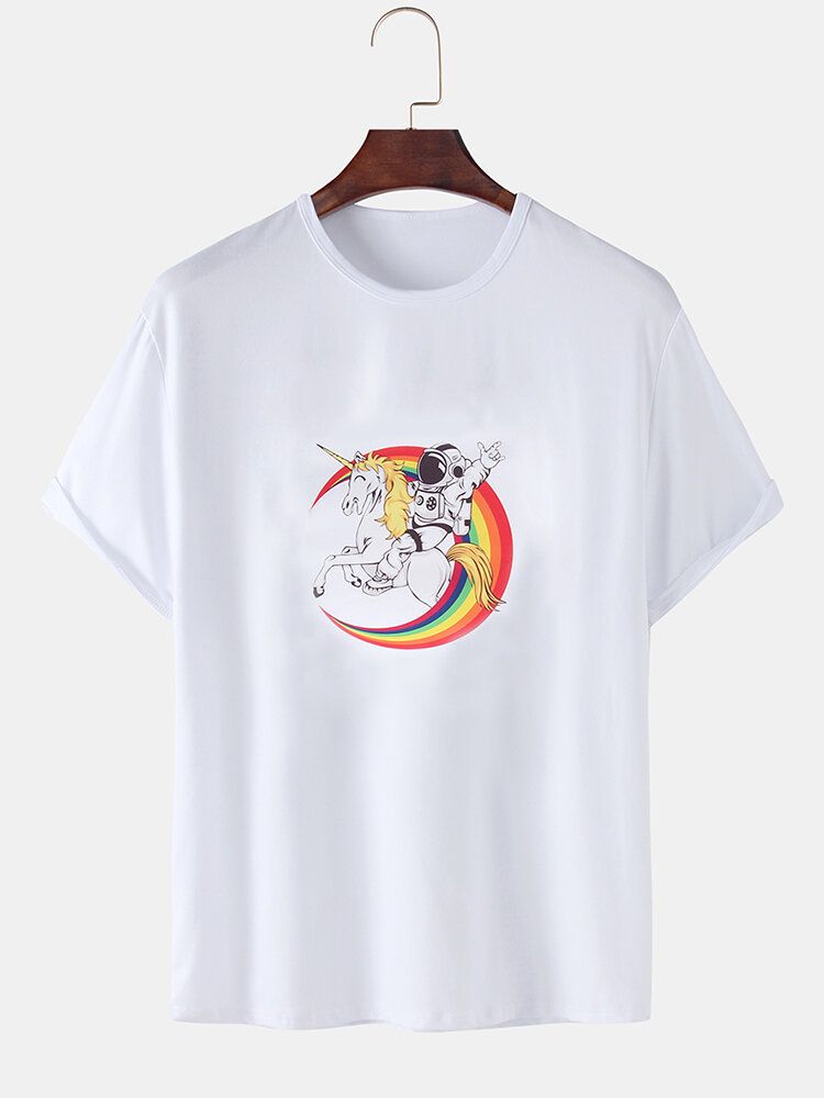 Camisetas De Manga Corta Casual Con Cuello Redondo Y Estampado De Planeta Astronauta 100% Algodón Para Hombre