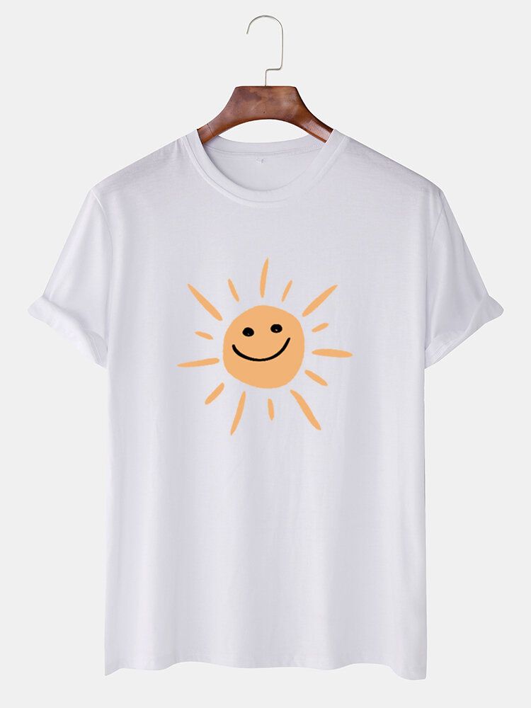 Camisetas De Manga Corta Casual Con Cuello Redondo Y Estampado De Sol De Dibujos Animados Para Hombre