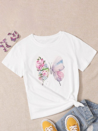 Camisetas De Manga Corta Casual Con Cuello Redondo Y Gráfico Floral De Mariposa Para Mujer