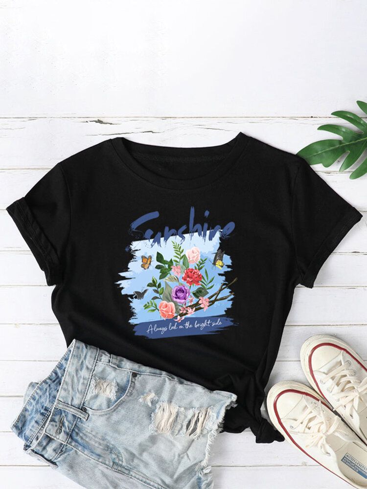 Camisetas De Manga Corta Casual Con Cuello Redondo Y Gráfico Floral Para Mujer