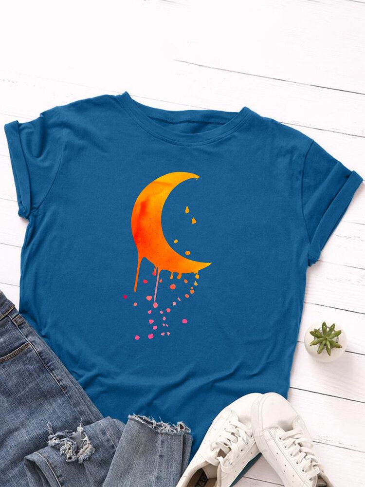 Camisetas De Manga Corta Casual Con Cuello Redondo Y Gráficos De Luna Para Mujer