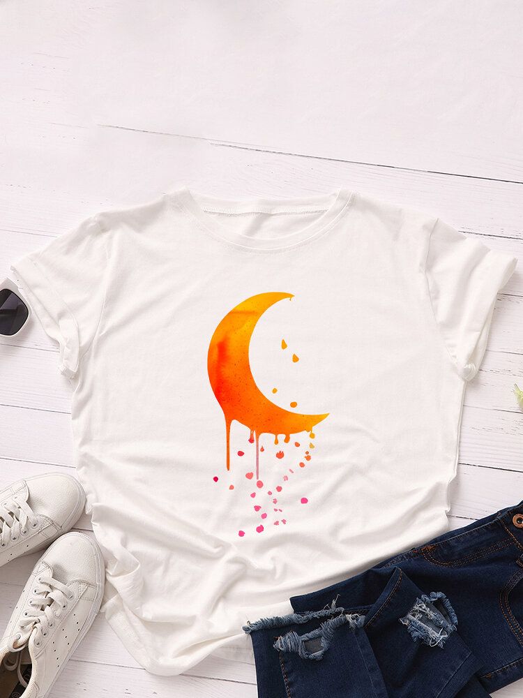 Camisetas De Manga Corta Casual Con Cuello Redondo Y Gráficos De Luna Para Mujer