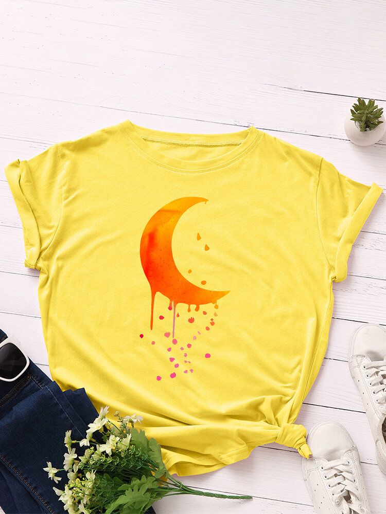 Camisetas De Manga Corta Casual Con Cuello Redondo Y Gráficos De Luna Para Mujer