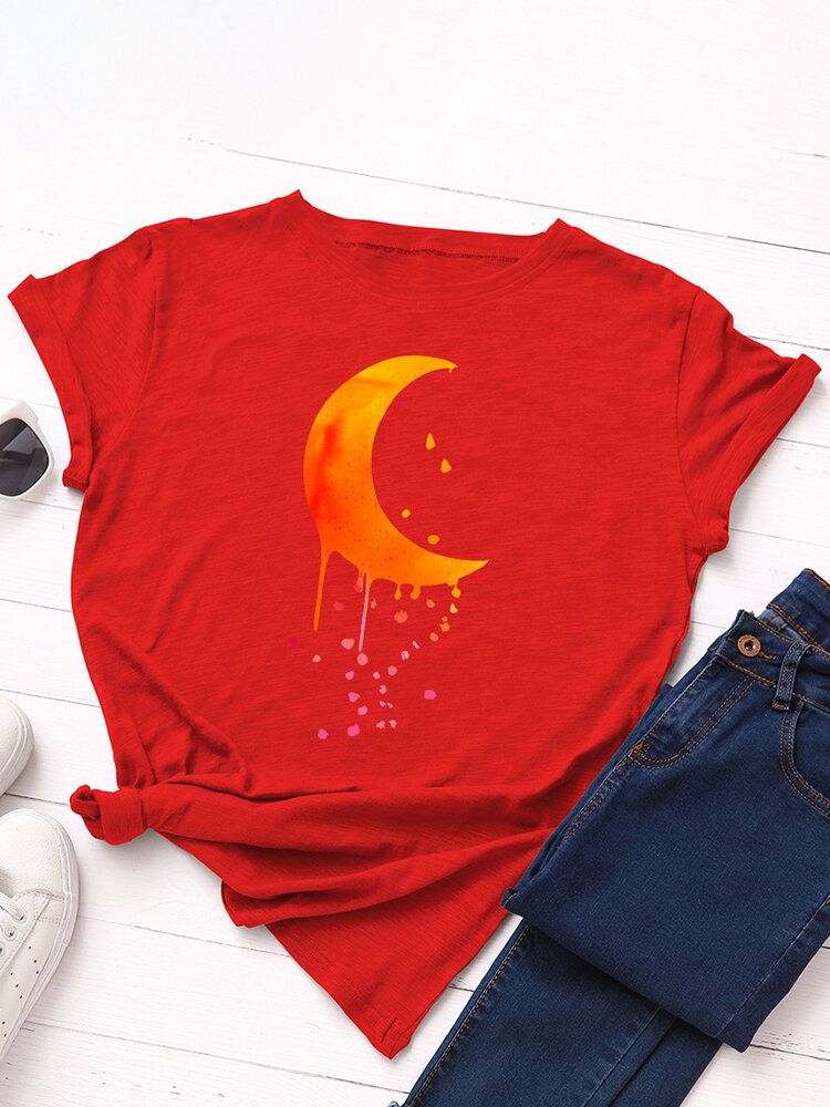 Camisetas De Manga Corta Casual Con Cuello Redondo Y Gráficos De Luna Para Mujer