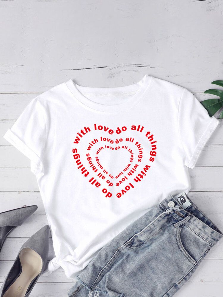 Camisetas De Manga Corta Casual Con Estampado De Eslogan De Corazón Para Mujer