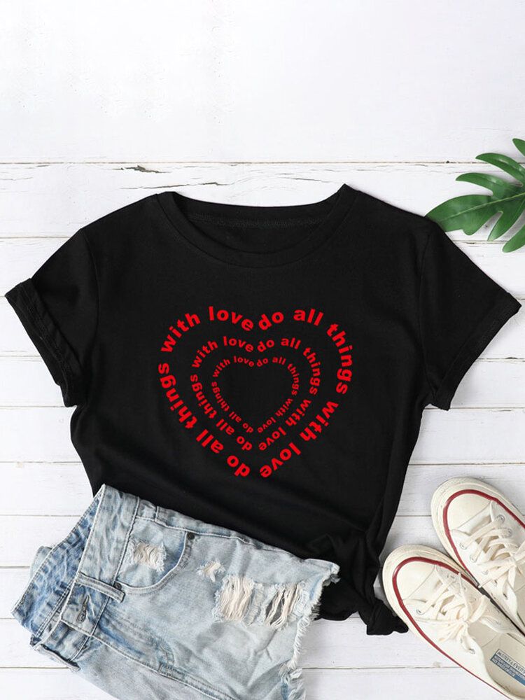 Camisetas De Manga Corta Casual Con Estampado De Eslogan De Corazón Para Mujer