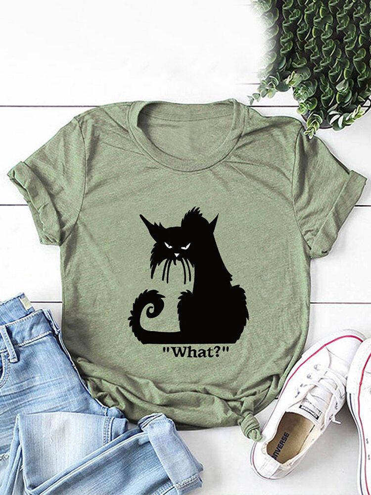 Camisetas De Manga Corta Casual Con Estampado De Letras De Gato De Dibujos Animados Para Mujer