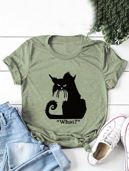 Camisetas De Manga Corta Casual Con Estampado De Letras De Gato De Dibujos Animados Para Mujer