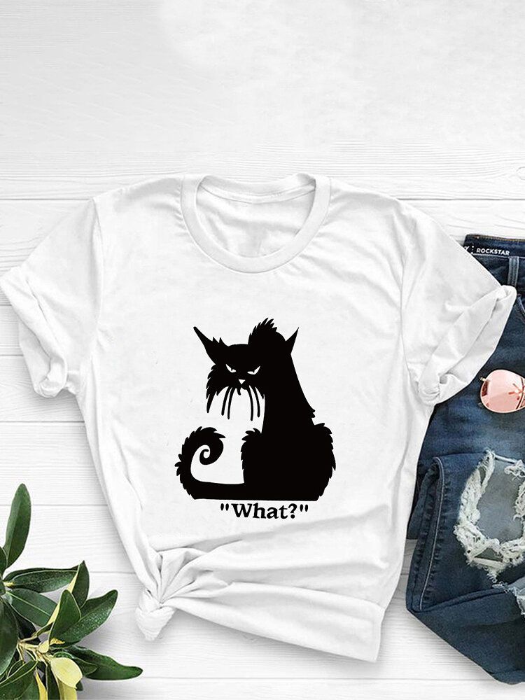 Camisetas De Manga Corta Casual Con Estampado De Letras De Gato De Dibujos Animados Para Mujer