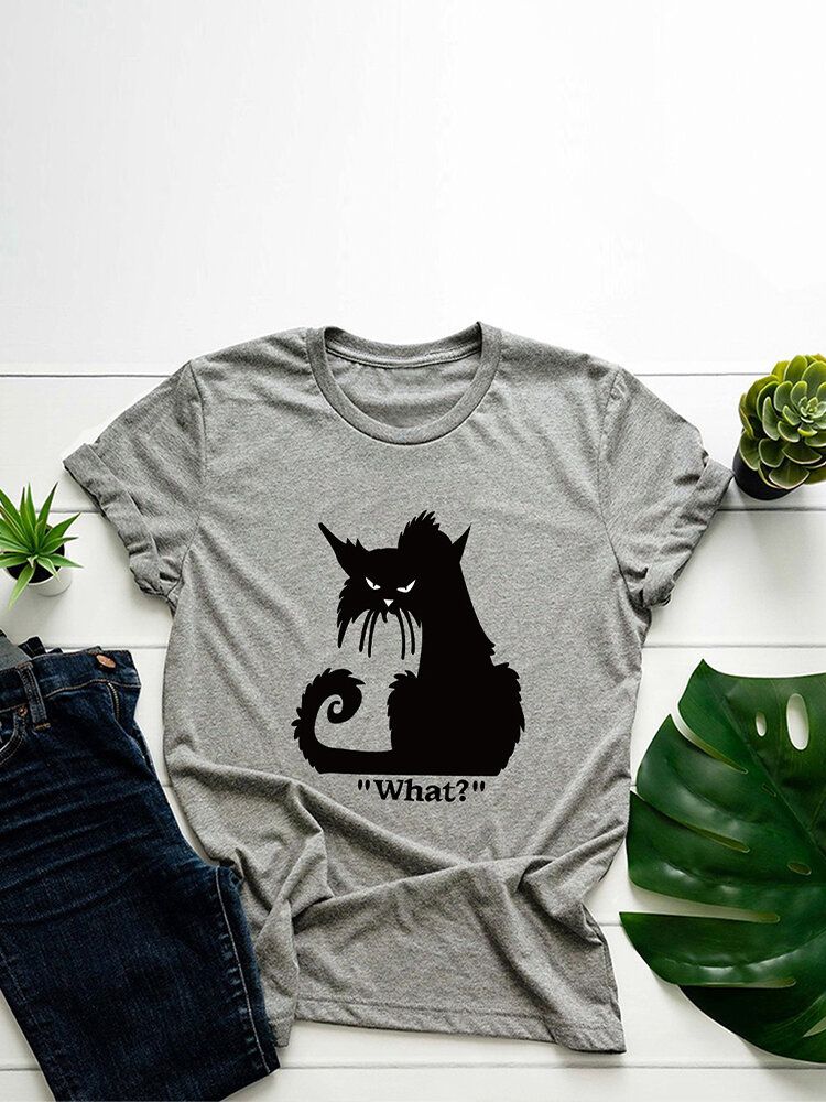 Camisetas De Manga Corta Casual Con Estampado De Letras De Gato De Dibujos Animados Para Mujer