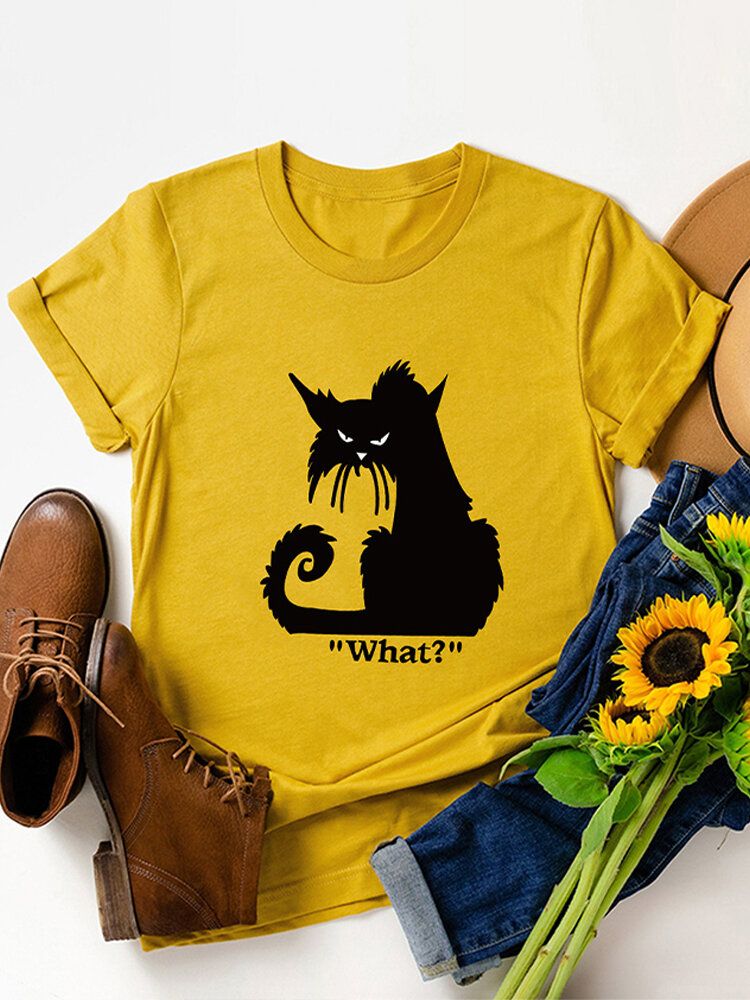 Camisetas De Manga Corta Casual Con Estampado De Letras De Gato De Dibujos Animados Para Mujer