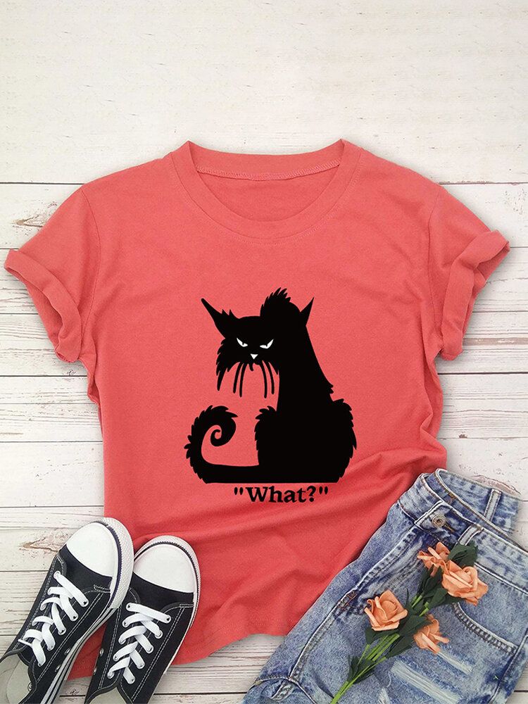 Camisetas De Manga Corta Casual Con Estampado De Letras De Gato De Dibujos Animados Para Mujer