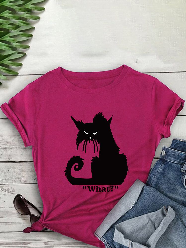 Camisetas De Manga Corta Casual Con Estampado De Letras De Gato De Dibujos Animados Para Mujer