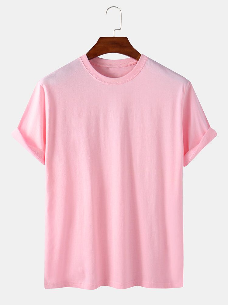 Camisetas De Manga Corta Casual De Cuello Redondo De Color Sólido 100% Algodón Para Hombre