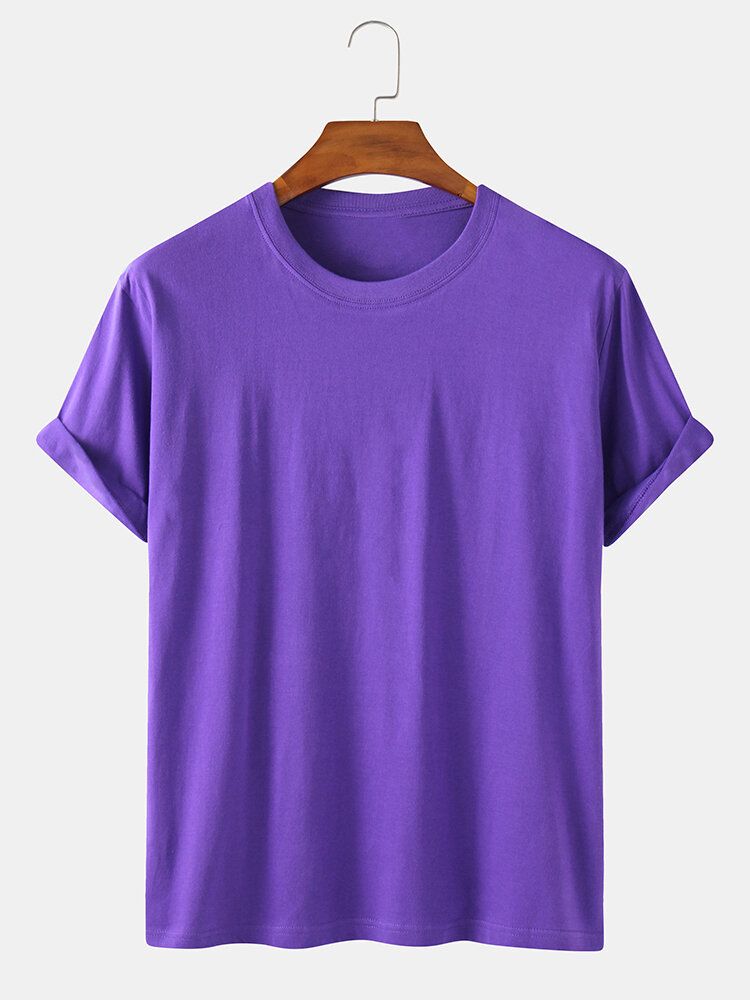 Camisetas De Manga Corta Casual De Cuello Redondo De Color Sólido 100% Algodón Para Hombre