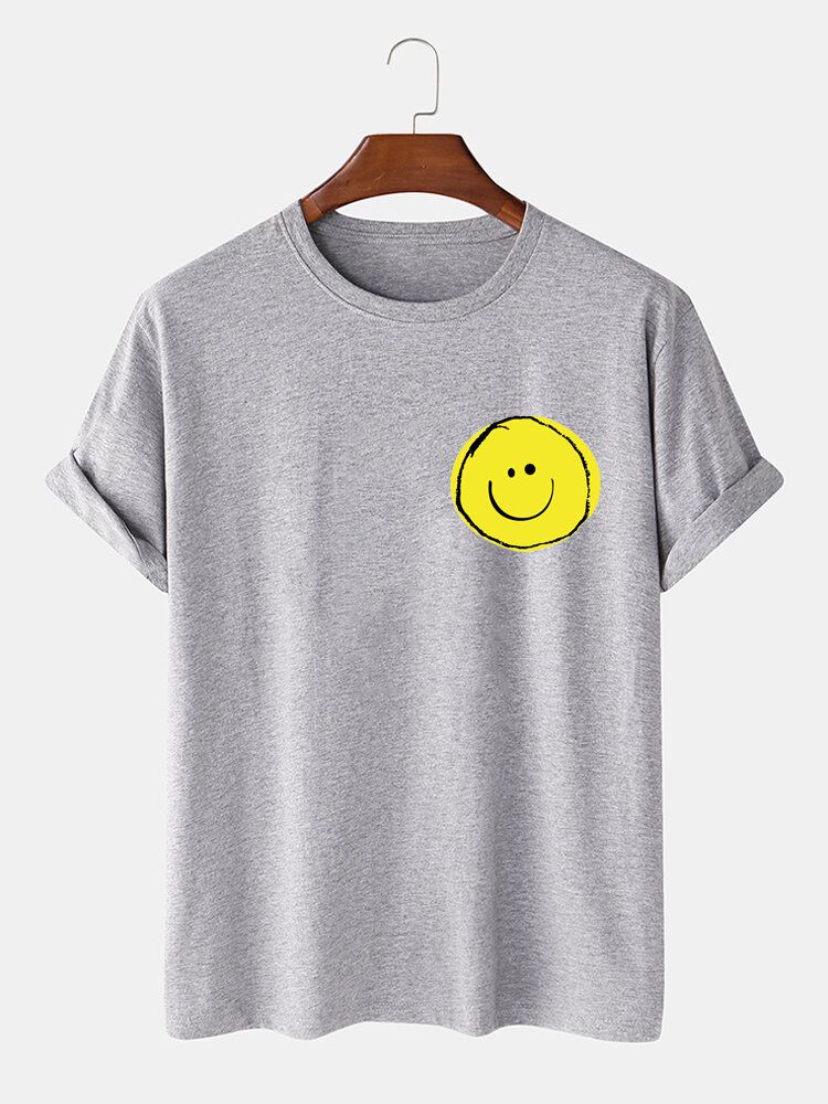 Camisetas De Manga Corta Casual De Cuello Redondo Con Estampado De Cara De Sonrisa De 100% Algodón Para Hombre