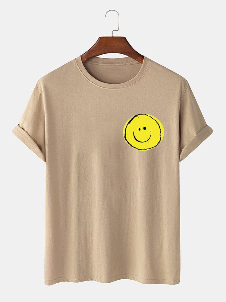 Camisetas De Manga Corta Casual De Cuello Redondo Con Estampado De Cara De Sonrisa De 100% Algodón Para Hombre