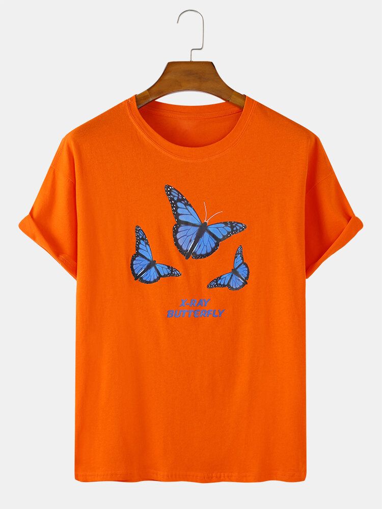 Camisetas De Manga Corta Casuales De Algodón Con Cuello Redondo Y Estampado De Mariposas Para Hombre