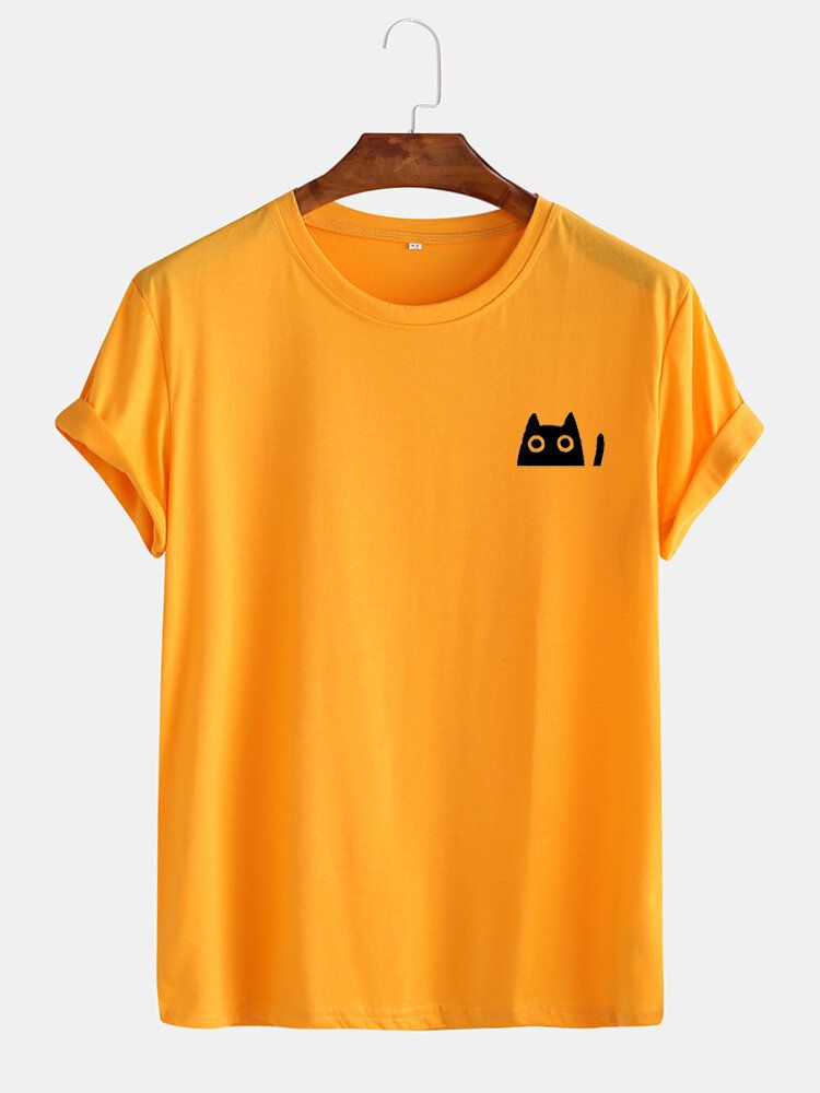 Camisetas De Manga Corta Con Cuello Redondo Y Color Sólido De Gato Lindo Para Hombre