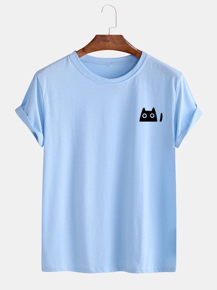 Camisetas De Manga Corta Con Cuello Redondo Y Color Sólido De Gato Lindo Para Hombre