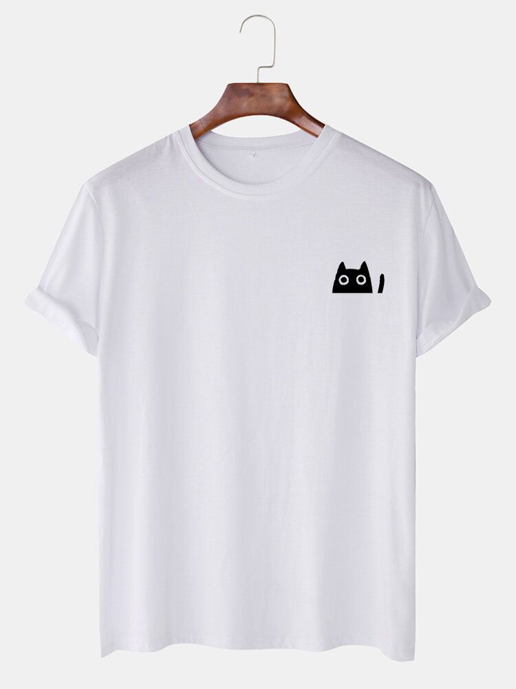 Camisetas De Manga Corta Con Cuello Redondo Y Color Sólido De Gato Lindo Para Hombre