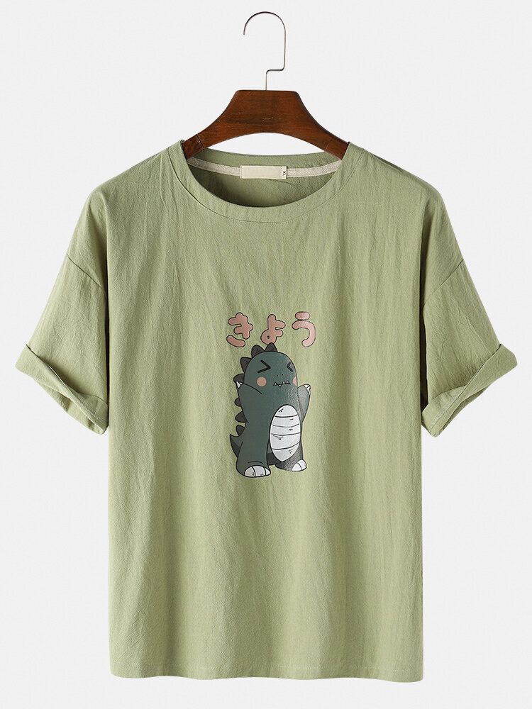 Camisetas De Manga Corta Con Cuello Redondo Y Estampado De Dinosaurio De Dibujos Animados De Algodón Para Hombre