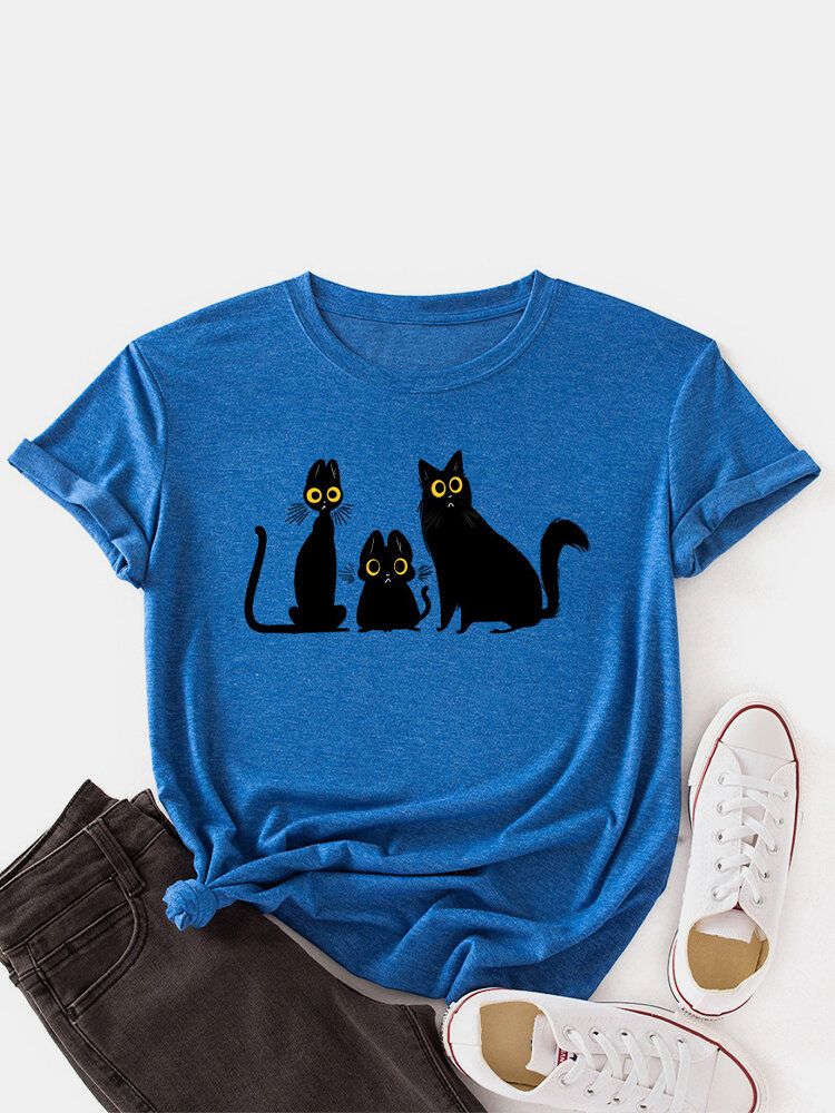 Camisetas De Manga Corta Con Cuello Redondo Y Estampado De Gato De Dibujos Animados Para Mujer