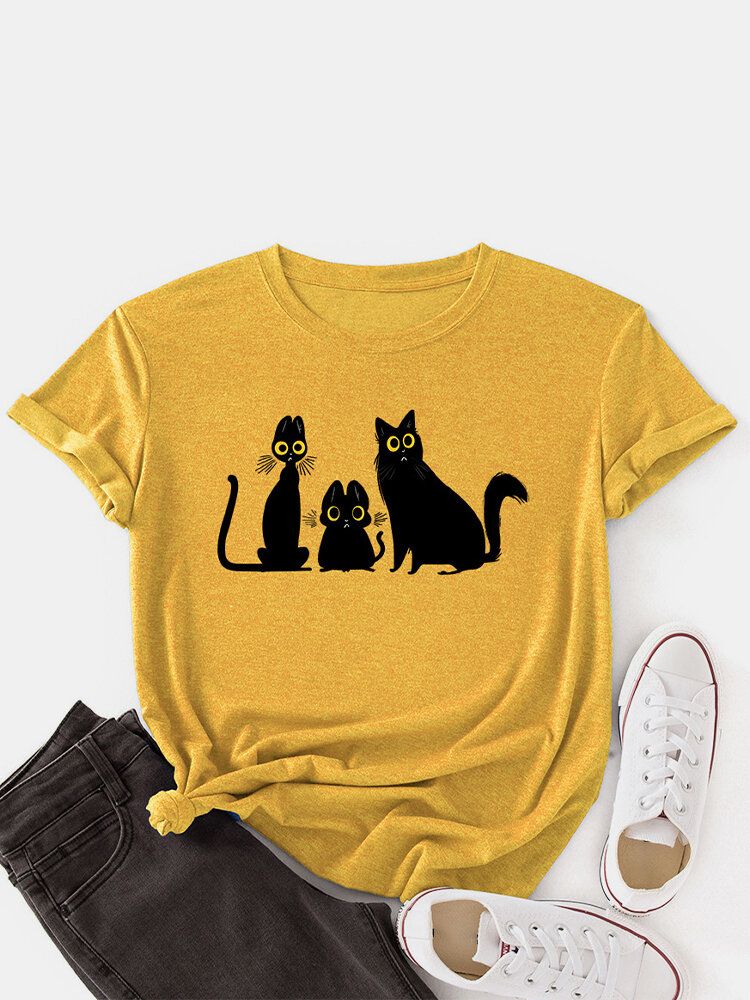 Camisetas De Manga Corta Con Cuello Redondo Y Estampado De Gato De Dibujos Animados Para Mujer