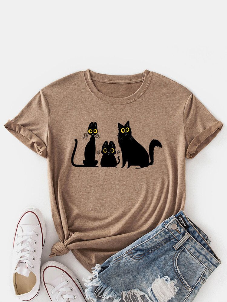 Camisetas De Manga Corta Con Cuello Redondo Y Estampado De Gato De Dibujos Animados Para Mujer