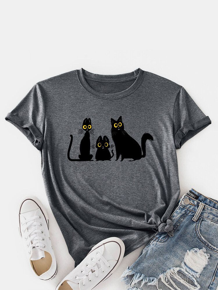 Camisetas De Manga Corta Con Cuello Redondo Y Estampado De Gato De Dibujos Animados Para Mujer