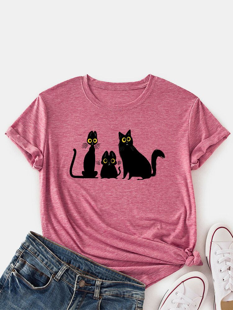 Camisetas De Manga Corta Con Cuello Redondo Y Estampado De Gato De Dibujos Animados Para Mujer