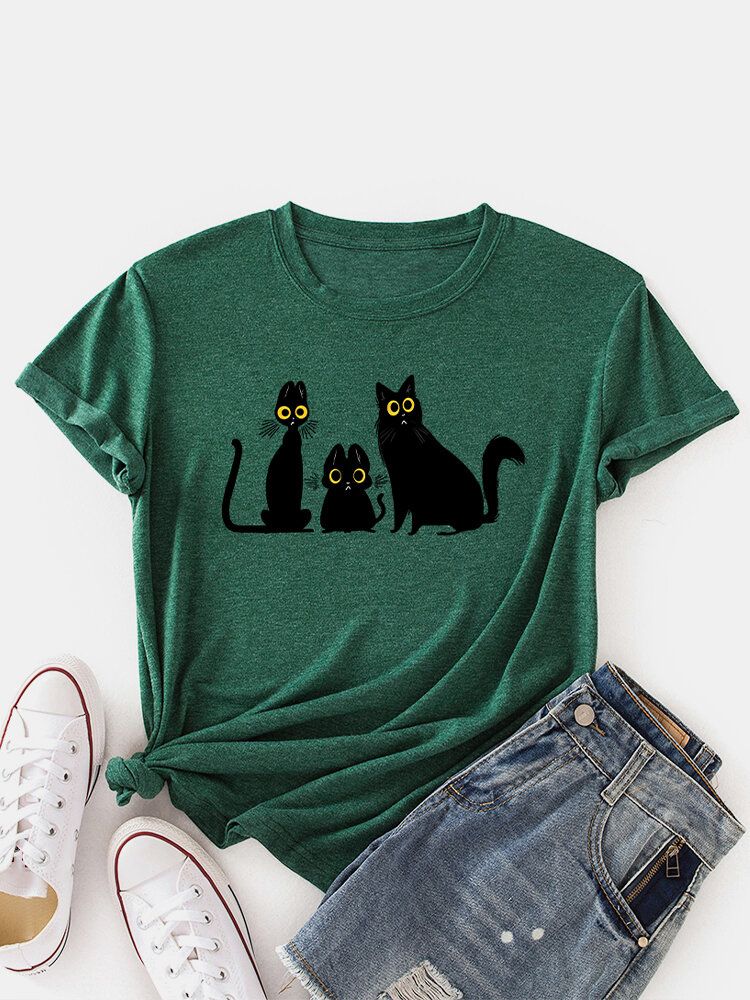 Camisetas De Manga Corta Con Cuello Redondo Y Estampado De Gato De Dibujos Animados Para Mujer