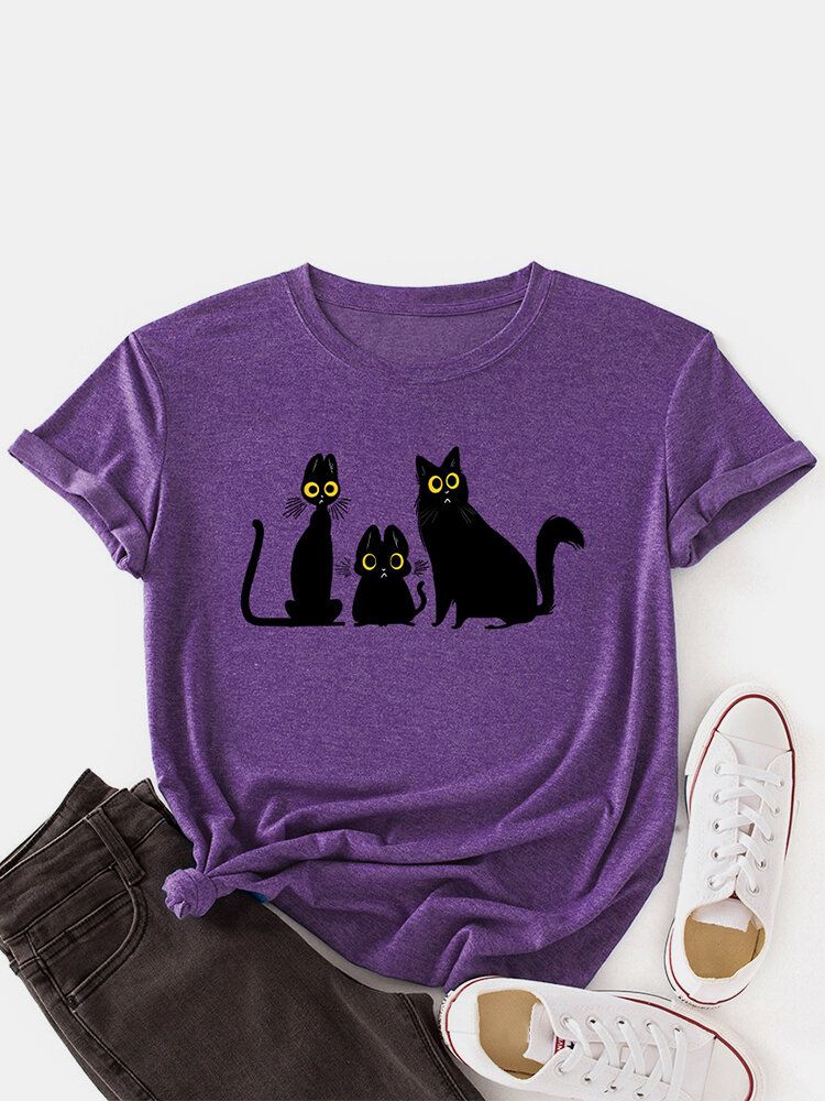 Camisetas De Manga Corta Con Cuello Redondo Y Estampado De Gato De Dibujos Animados Para Mujer