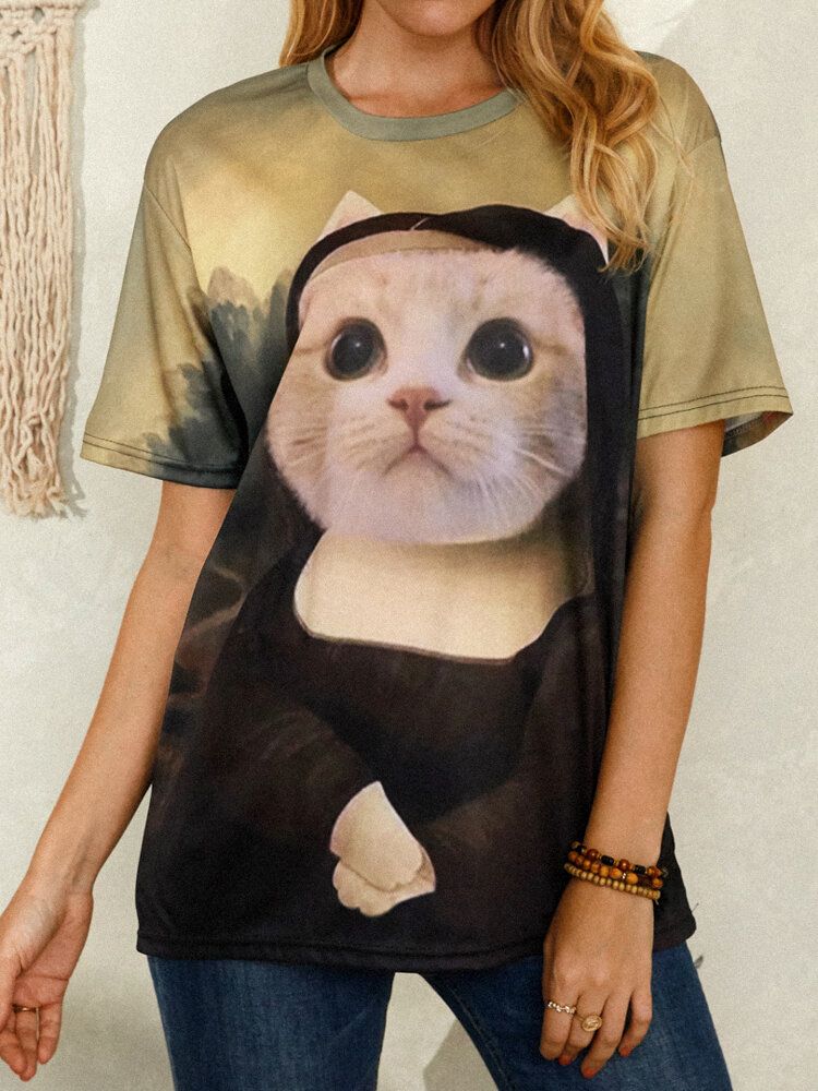 Camisetas De Manga Corta Con Cuello Redondo Y Estampado De Gato Divertido Para Mujer