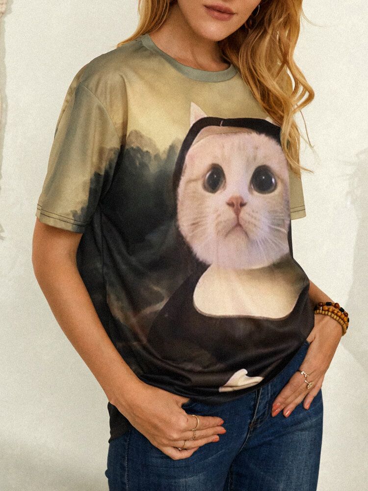 Camisetas De Manga Corta Con Cuello Redondo Y Estampado De Gato Divertido Para Mujer