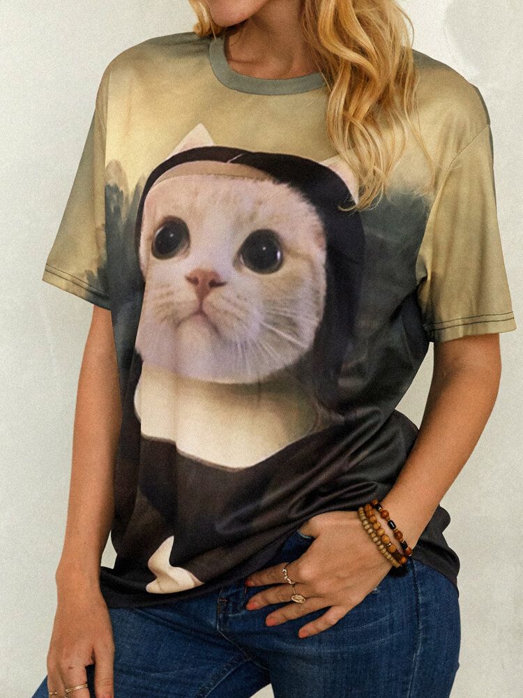 Camisetas De Manga Corta Con Cuello Redondo Y Estampado De Gato Divertido Para Mujer