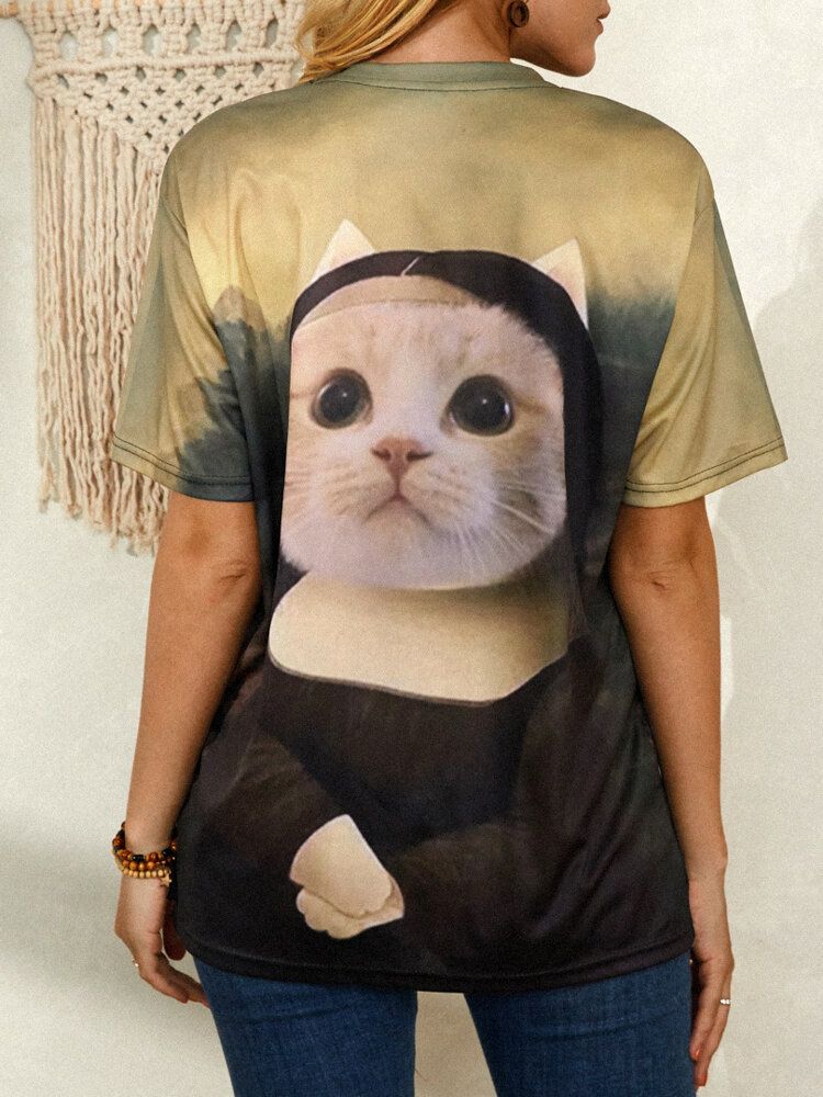 Camisetas De Manga Corta Con Cuello Redondo Y Estampado De Gato Divertido Para Mujer