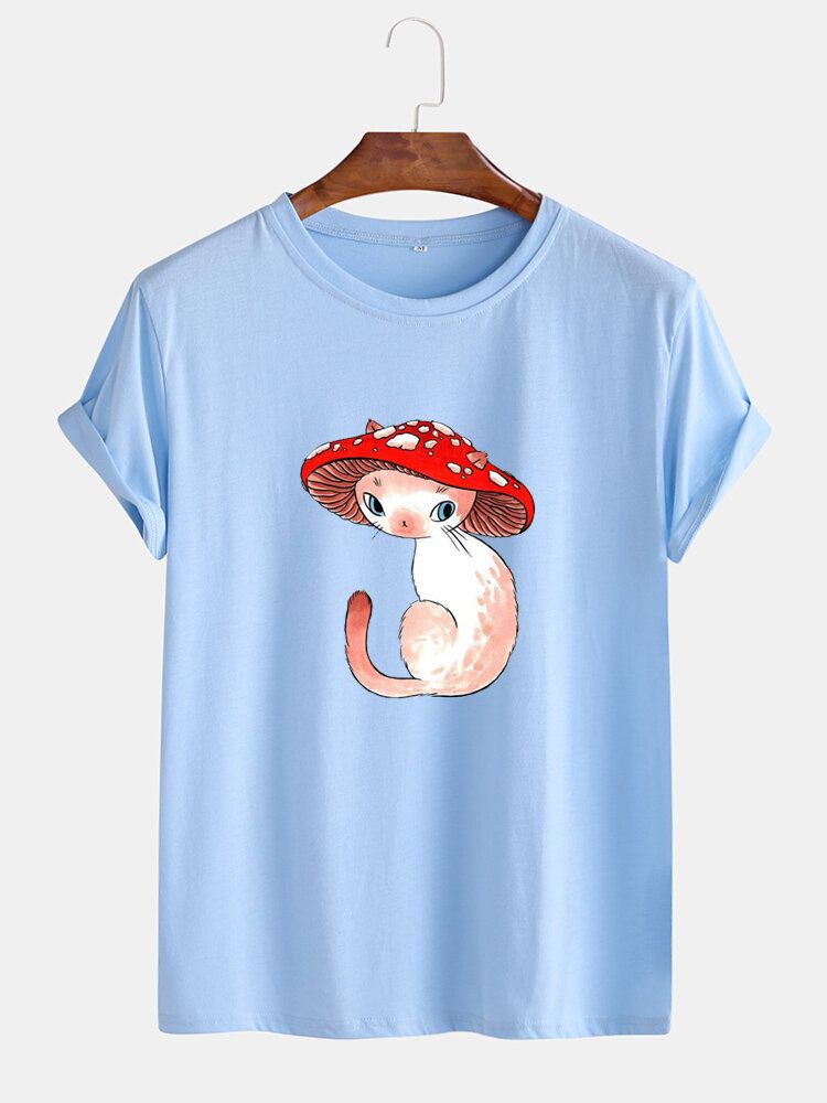 Camisetas De Manga Corta Con Cuello Redondo Y Estampado De Gato De Hongo De Dibujos Animados Para Hombre