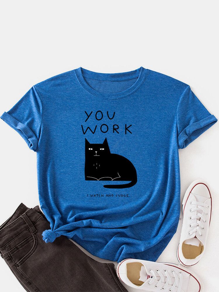 Camisetas De Manga Corta Con Cuello Redondo Y Estampado De Letras De Gato Para Mujer